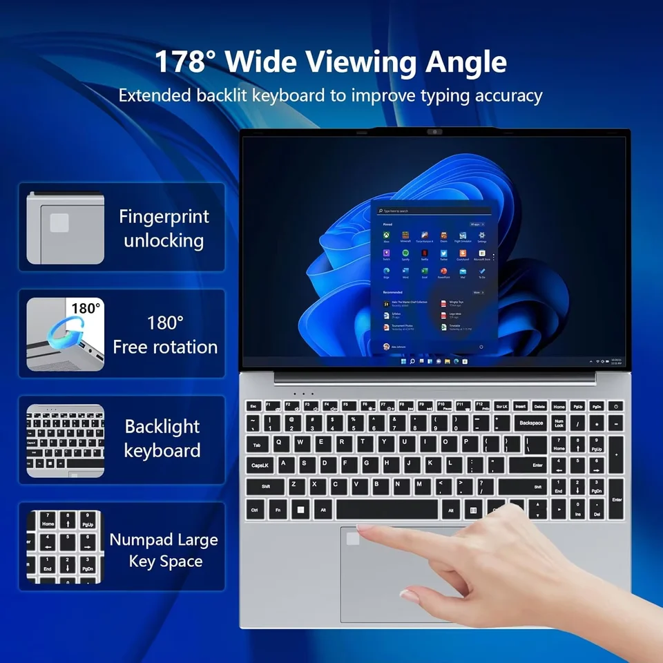 מחשב נייד חדש לגמרי לשנת 2026 עם מעבד Intel I9-9900, מסך 15.6 אינץ' עם תאורה אחורית, חיישן טביעת אצבע לפתיחה, מערכת הפעלה Windows 11, חבילת Office, מתאים ללימודים, משחקים ומחשב אישי. – תמונה 2