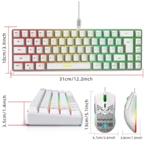 מקלדת ועכבר 68 מקשים, חוטית, ממברנה, תאורת RGB, 70%, ערכת גיימינג מלאה למחשב, מקלדת USB ניידת – תמונה 6