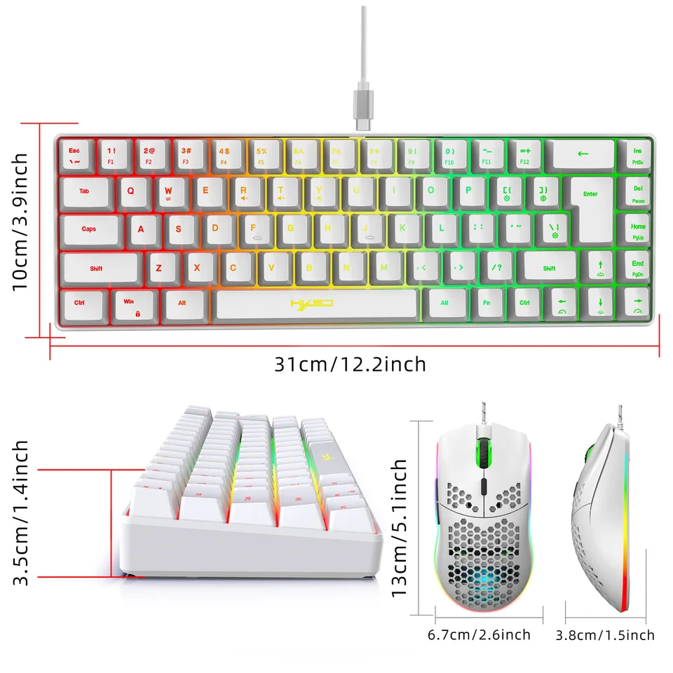 מקלדת ועכבר 68 מקשים, חוטית, ממברנה, תאורת RGB, 70%, ערכת גיימינג מלאה למחשב, מקלדת USB ניידת – תמונה 6