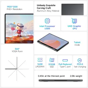 ⁦מחשב נייד CHUWI MiniBook X 2-in-1 עם מסך מגע, מעבד Intel U300, 16GB LPDDR5, 512GB SSD, רזולוציית 10.51 אינץ' 1920x1200 FHD, מחשב נייד דק במיוחד⁩ – תמונה ⁦4⁩