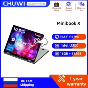 מחשב נייד CHUWI MiniBook X 2-in-1 עם מסך מגע, מעבד Intel U300, 16GB LPDDR5, SSD בנפח 512GB, רזולוציה של 10.51 אינץ' 1920x1200 FHD, מחשב נייד דק במיוחד