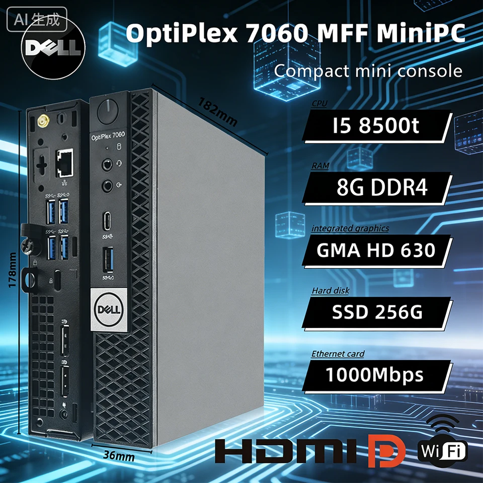מחשב מיני OptiPlex 7060 MFF Barebone עם מעבד I5 8500T, זיכרון DDR4 בנפח 4G, כונן SSD SATA בנפח 256G, ערכה למשחקים או למשרד