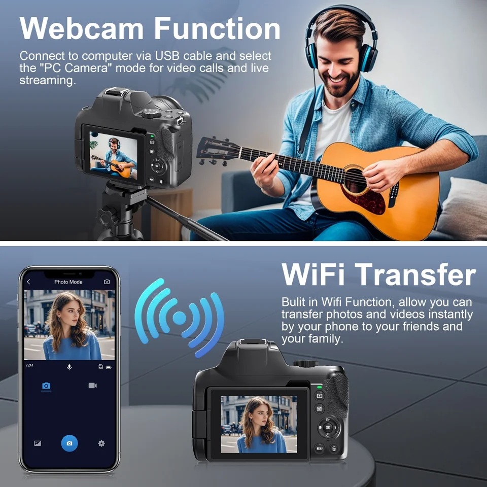 מצלמה דיגיטלית עם זום אופטי פי 12, 4K, נסיעות, WiFi, HD, 72MP, מתקדמת – תמונה 6